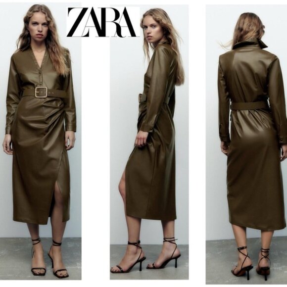 Zara khaki faux leather V-neck belted midi dress lapel collar long sleeve L NWOT - Picture 2 of 16